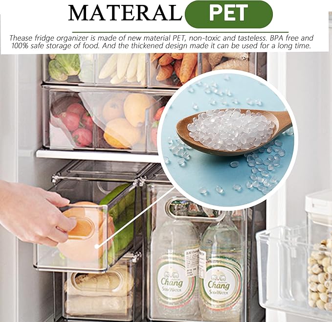 2 Pack Fridge Organizers and Storage with Pull out Drawer, Stackable Storage Drawer, Clear Refrigerator Organizers and Storage, BPA-Free for Kitchen Cabinet Pantry,13.4x 4.96 x 4.3 inch