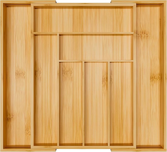 Silverware Organizer Utensil Drawer Organizer - Bamboo Silverware Tray Expandable 8 Slots Flatware Organizer For Kitchen Office Makeup Desk Drawers W12.7-19" x L17.2 (Yellow)