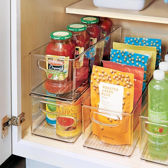 iDesign Plastic Stackable Pantry Bin with Handles for Cabinets or Fridge, Clear, Made in USA