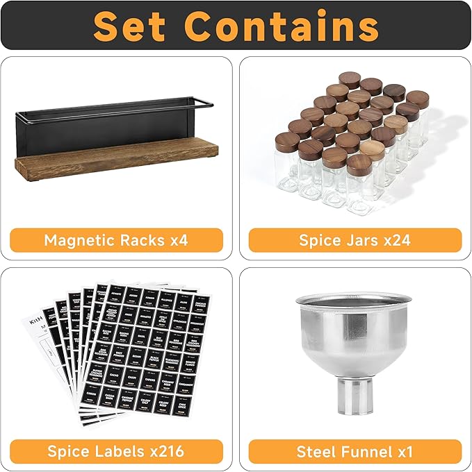 Wooden Lid Magnetic Spice Rack with 24 Jars, 216 Labels, 1 Steel Funnel for Refrigerator,Microwave Oven - Full Set of Spice Organizer