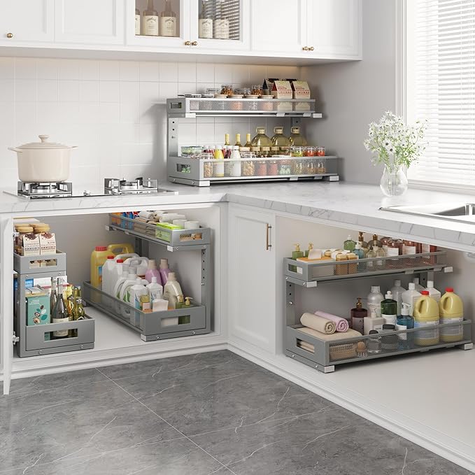 2 Pack 20.47IN Depth Under Sink Storage Organizer, Large 2-Tier Elegant Mesh Pull Out Shelf for Kitchen and Bathroom Cabinet Organization, L-Shaped and Adjustable Height Design-Grey
