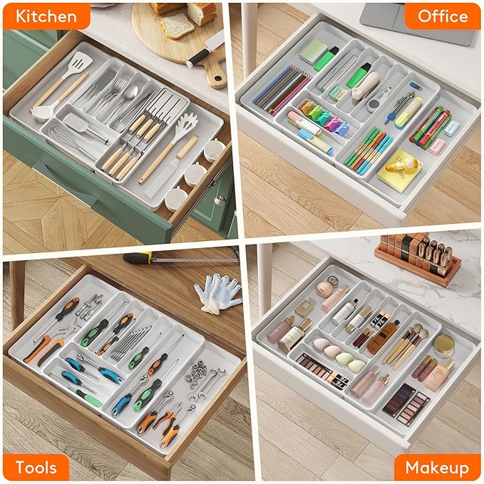 Lifewit Silverware Organizer for Kitchen Drawers, Expandable Utensil Tray with Removable Knife Block, Adjustable Cutlery and Flatware Holder, Plastic Spoon Forks Holder Storage Divider, Large, White