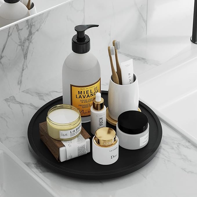 Lazy Susan Organizer Homerays 12 Inch Non-Skid Bamboo Lazy Susan for Kitchen Rotating Spice Rack for Kitchen Cabinet, Wood Turntable for Kitchen Countertop Organizer Black