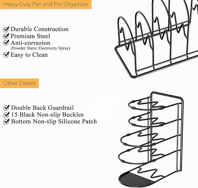 SpaceAid Heavy Duty Pan Organizer Rack for Cabinet, Pot Lid Holder, Kitchen Organization & Storage for Cast Iron Skillet, Bakeware, Cutting Board - No Assembly Required (1 pack)