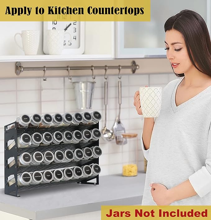 4 Tier Countertop Spice Rack Organizer for Kitchen Cabinet Pantry or Wall Mount, Matte Black (Jars Not Included)
