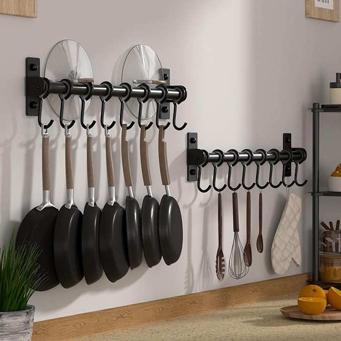 Dseap Kitchen Hooks for Hanging Utensils, Hanging Pot Rack, Kitchen Utensil Hanger Rail with 8 Hooks for Pots Pans, Spoons, Mugs, Wall Mounted, Stainless Steel, Black, Pack of 2