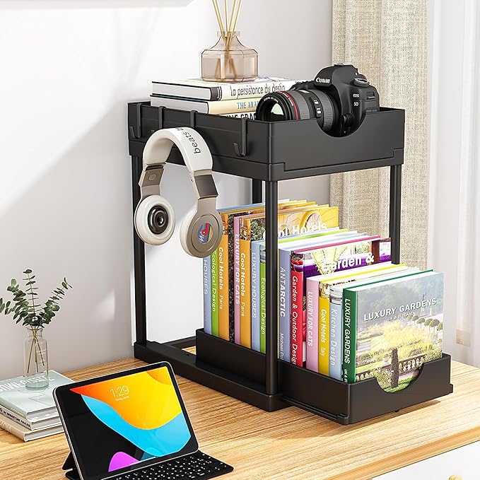 Under Sink Organizers and Storage Bathroom Organizer, 2 Tier Under Sliding Kicthen Cabinet Basket Organizer with Hooks, Hanging Cup, Dividers, Handles, Multi-purpose Under Sink Shelf Organizer