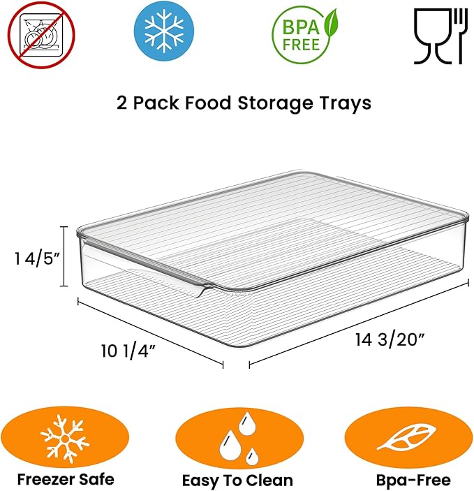 vacane Stackable Freezer Organizer, Flat Produce Saver Sliced Cheese Container with Lids, Freezer Storage Containers Food Storage Tray for Fruits, Vegetables, Meat