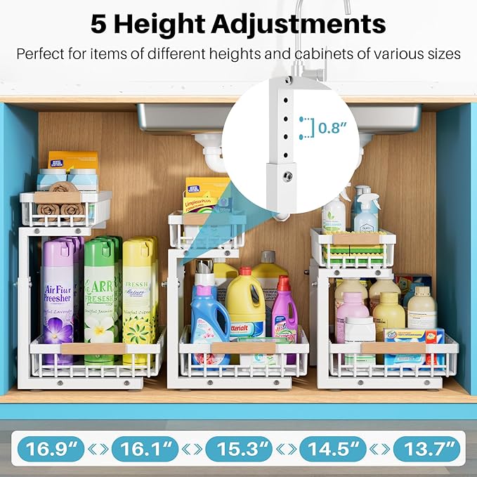 2 Packs Under Sink Organizer,Small Shelf for narrow spaces,2 Tiers Pull Out Under Cabinet Organizer,Adjustable Height,Slide Out Thickened Metal Under