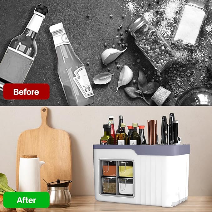 Spice Rack Organizer & Holder with Knife Block, Multifunctional Kitchen Organizer with Seasoning Storage Box, Seasoning Box, Spices Jars Storage Shelf for Kitchen Countertop