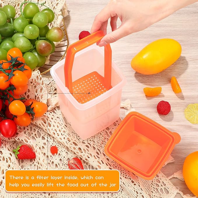 Chengu 3 Pieces Jalapeno Pickle Containers with Strainers Square Dispensers Free Storage of Condiment Food Pickle Holder with Easy to Open Lid Design for Pickled Kitchen Tools(Orange)