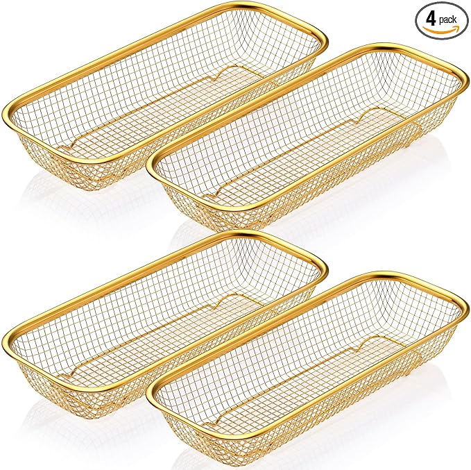 4 Pcs Gold Kitchen Drawer Baskets Stainless Steel Storage Container Mesh Storage Golden Utensil Holder Wire Basket Stackable Drying, 12 x 5 x 2 Inch
