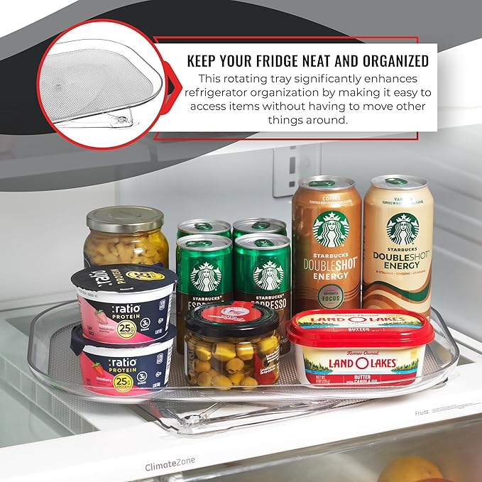 Oizeir Refrigerator Lazy Susan (2PK) - Clear Rectangular Fridge Organizer - Turntable Tray Lazy Susan for Refrigerator - Cabinet & Pantry Organizer - Smooth 360° Rotating Swivel Spinning Fridge Shelf