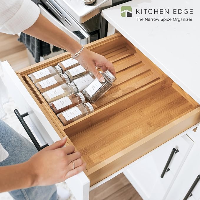 Spice Drawer Organizer with Expandable Storage. Holds up to 15 Spice Jars (Not Included), Non-Slip Feet, Kitchen Accessory Storage, 100% Sustainable Bamboo Wood