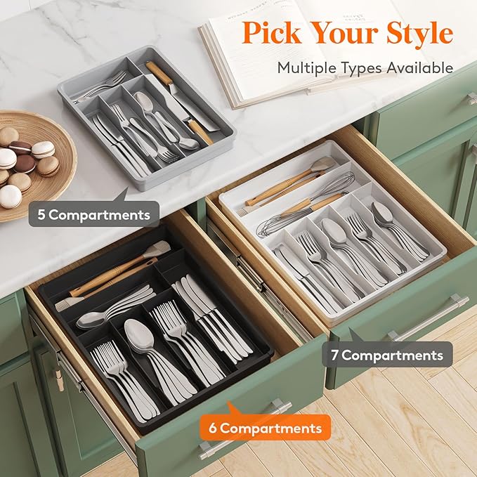 Lifewit Silverware Tray, Deep Wide Cutlery Drawer Organizer Storage for Kitchen, Plastic Flatware Utensil Holder Divider for Spoons Forks Knives Tableware, 6 Compartment, White