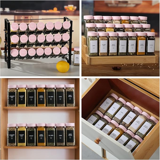 36 Glass Spice Jars with Labels,Spice Jar Set,4oz Seasoning Containers,Spice Containers with Pink Airtight Lids and Shaker Lids,Square Empty Spice Bottles, 492 Labels,2 Marker Pens,1 Funnel