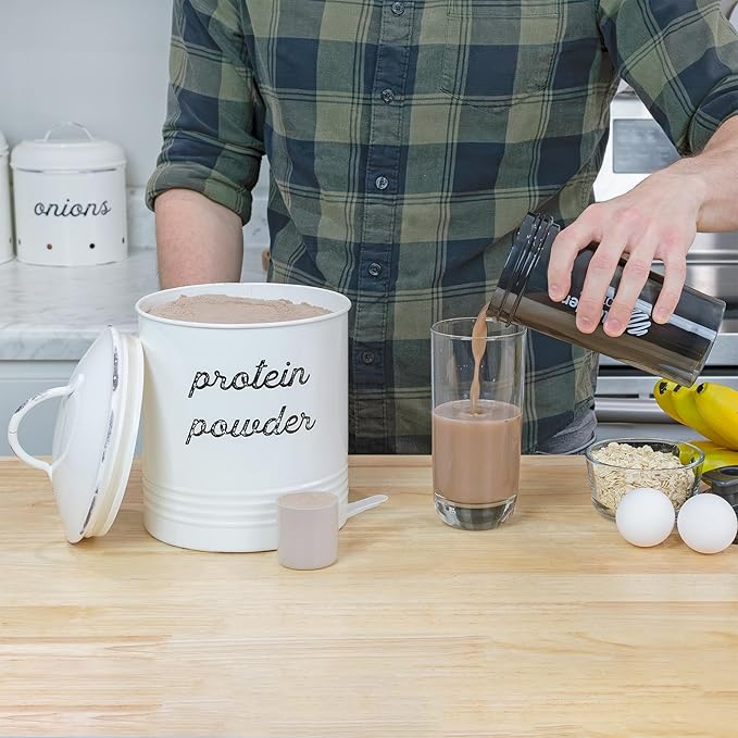 AuldHome Design Enamelware Protein Powder Canister; White Rustic Distressed Style Storage for Kitchen