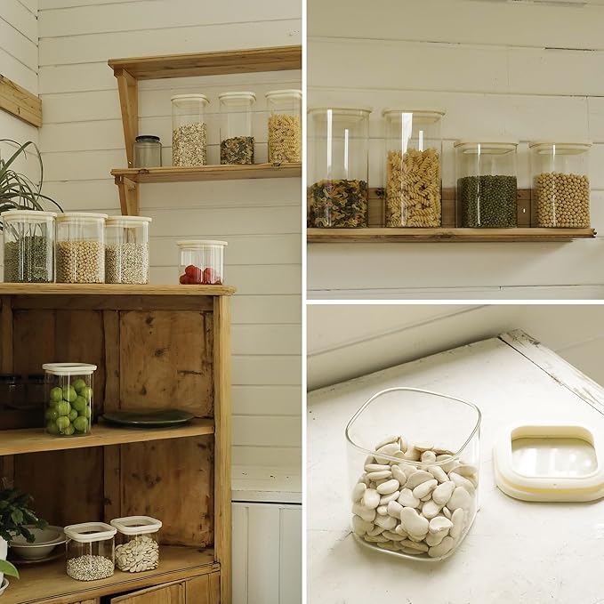 12pcs Square Pantry Glass Jars with Clear Airtight Lids Kitchen Canisters Sets for Flour, Sugar Refrigerator Safe, Available in 3 Sizes: 25oz / 40oz / 54 oz