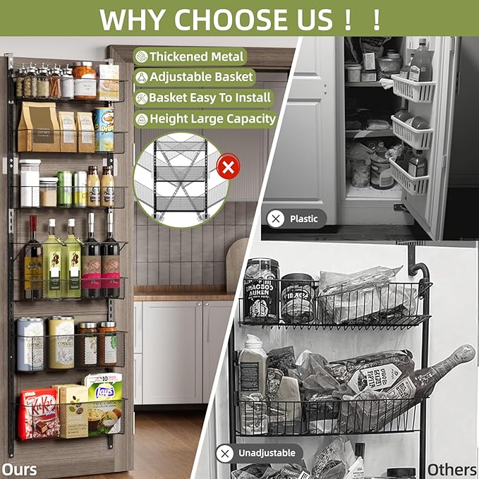 Over The Door Pantry Organizer, 6-Tier Metal Hanging & Wall Mount Spice Rack, Kitchen Storage Room Organization