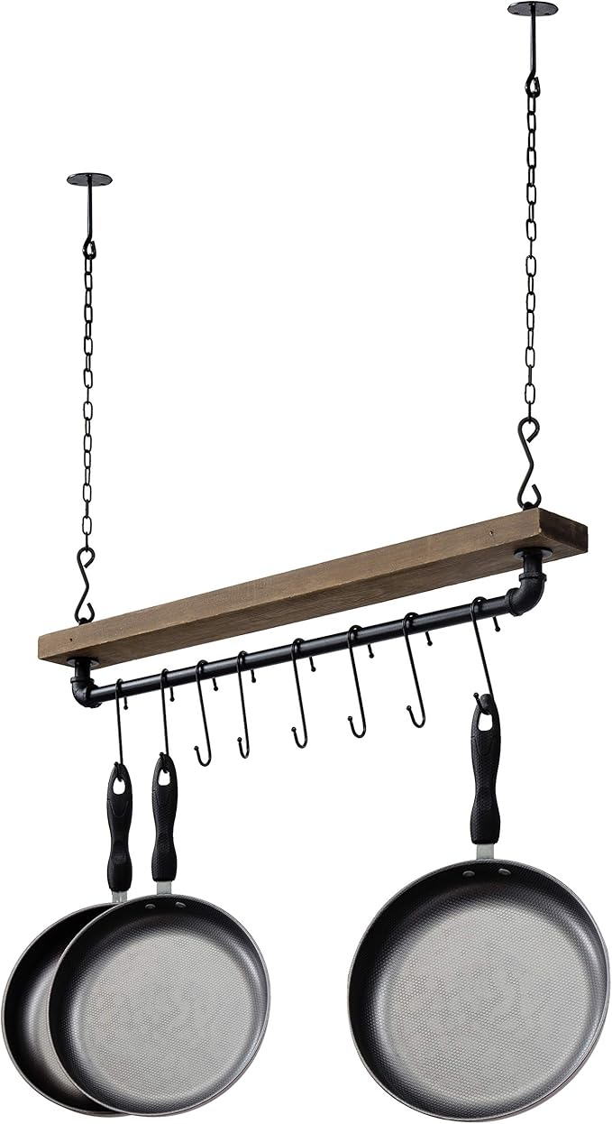 MyGift 30 Inch Ceiling or Wall Mounted Pot Rack with Rustic Brown Solid Wood Shelf and Industrial Matte Black Metal Pipe, Hanging Cookware Utensils Organizer with 8 S-Hooks