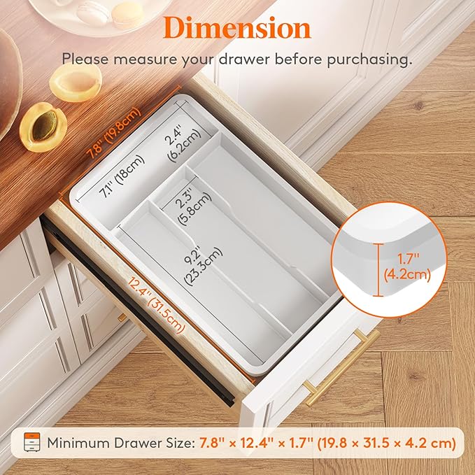 Lifewit Silverware Tray, Cutlery Drawer Organizer Storage for Kitchen, Plastic Flatware Utensil Holder Divider for Spoons Forks Knives Tableware, 4 Compartment, White