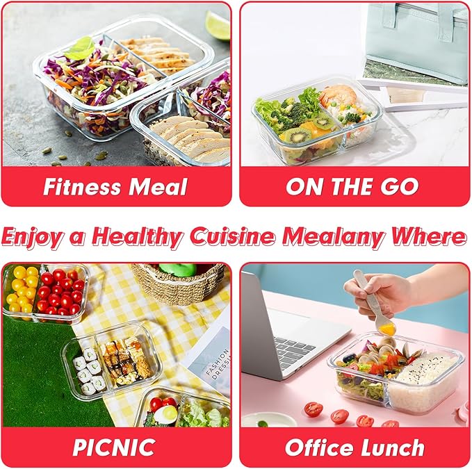 VERONES 10 Pack Glass Meal Prep Containers 2 Compartment Set, 36OZ Airtight Glass Lunch Containers, Glass Food Storage Containers with Lids, for Microwave, Oven, Freezer & Dishwasher Friendly,Red
