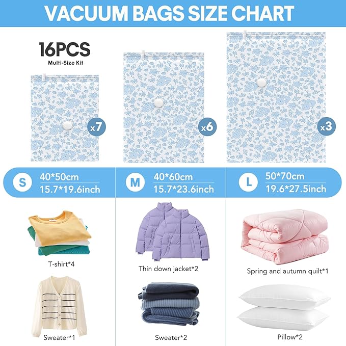 16 Pack Travel Vacuum Storage Bags with Electric Pump, 3 Large + 6 Medium + 7 Small Vacuum Sealer Bags, 80% Space Saver Bags for Luggage, Comforters and Blankets, Travel Essentials(Blue Flowers)