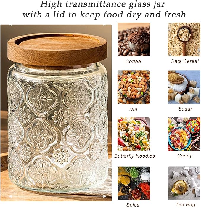Vintage Glass Jar With Airtight Lid, Spice Jars Overnight Oats Containers Glass Storage Containers Kitchen Storage Containers for Sugar, Coffee, Tea,Candy Cookie,Pasta,Cereal