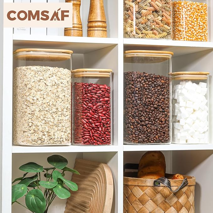 ComSaf 148 oz Glass Food Storage Containers, 1.2 Gallon Glass Flour and Sugar Containers with Lids, Large Square Glass Jars with Bamboo Lids for Rice, Pasta, Oats, Grains, Cookies, Coffee Beans