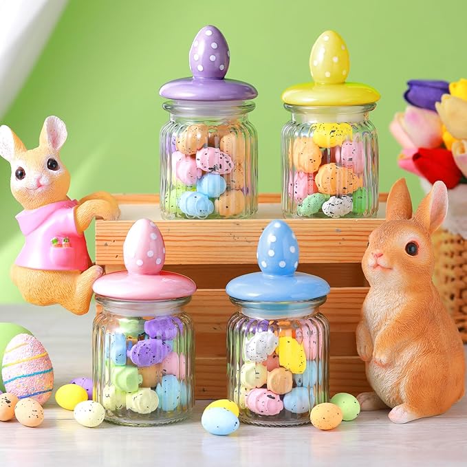 Nitial 4 Pcs Easter Glass Jar with Cap Bunny Rabbit Egg Shape Clear Candy Jar Decorative Food Storage Canister with Airtight Ceramic Lid for Eater Party Tea Cookie Table Decoration(7.8 oz,Easter Egg)