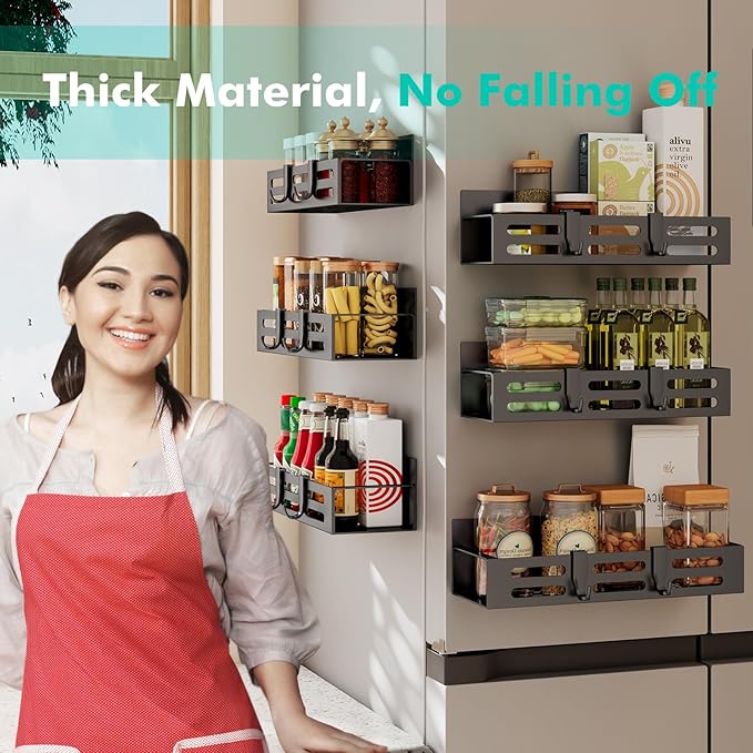 6 Pack Magnetic Spice Rack for Refrigerator Set, Black Magnetic Shelf and Fridge Kitchen Cabinet Organizers Storage Seasoning Organization Mini Shelves.