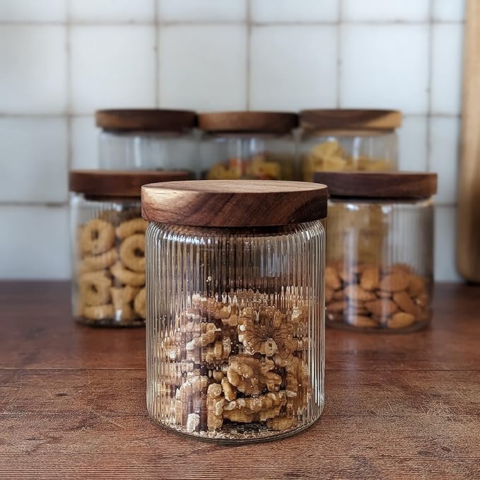 Mason & Fable Ribbed Glass Jar with Wooden Lid 17oz, Set of 3 | Airtight Fluted Storage Canisters for Food, Tea, Coffee, Candy/Spice | Organization Canisters for Home & Kitchen