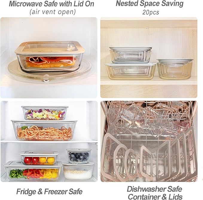 Glass Food Containers with Glass Lid, Microwave Safe Food Storage Container Set, 2 Pack of 48oz, Large Size Meal Prep Storage Set with Airtight Leak Proof Lid.