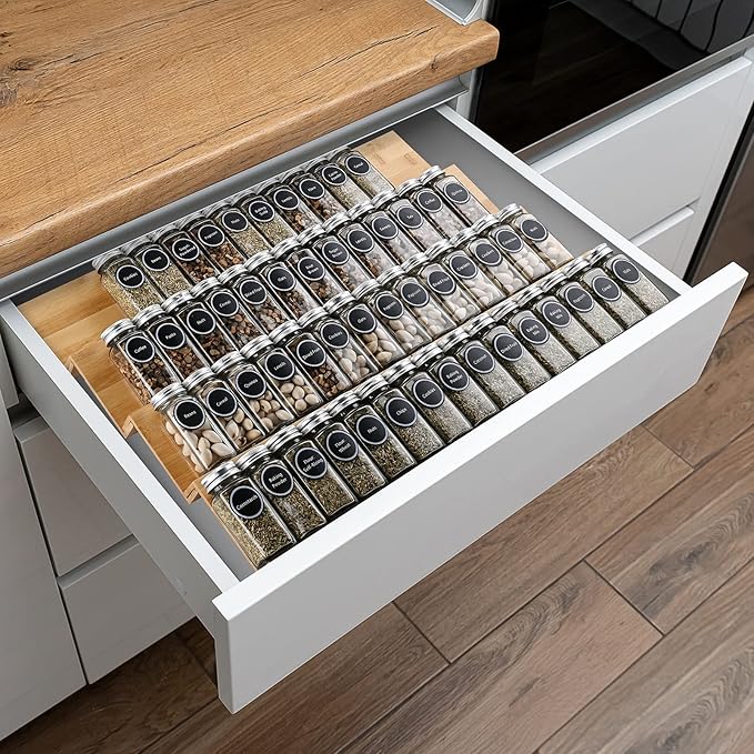 Bamboo Spice Rack Tray - Spice Drawer Organizer for Kitchen Cabinets Storage and Organization (Jars Not Included)
