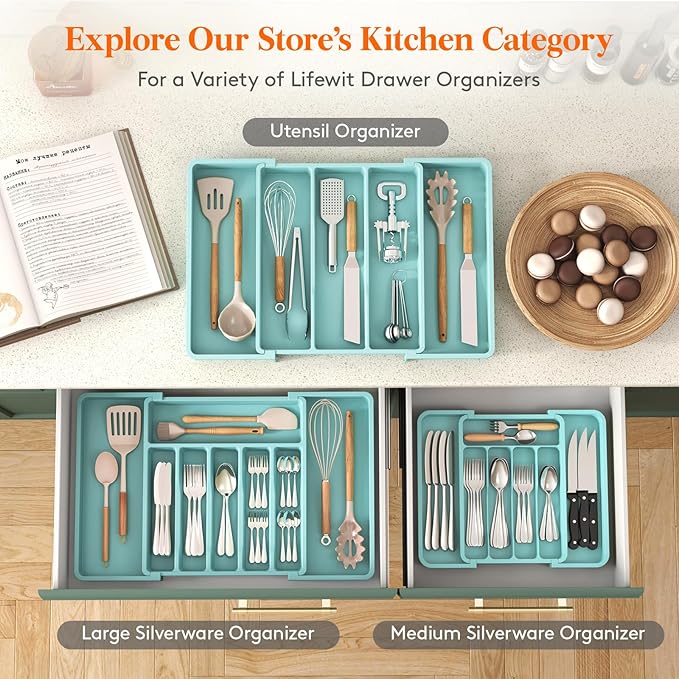 Lifewit Silverware Drawer Organizer, Expandable BPA Free Utensil Tray for Kitchen, Adjustable Flatware and Cutlery Holder for Spoons Forks Knives, Plastic Kitchen Organizers and Storage, Turquoise