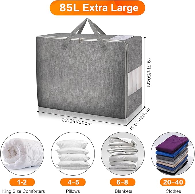 2 Pack 85L Comforter Storage Bags, Extra Large Bedding Storage Bags with Category Card and Clear Window, Reinforced Handles & Zippers, Foldable Closet Organizers for Blanket Pillow