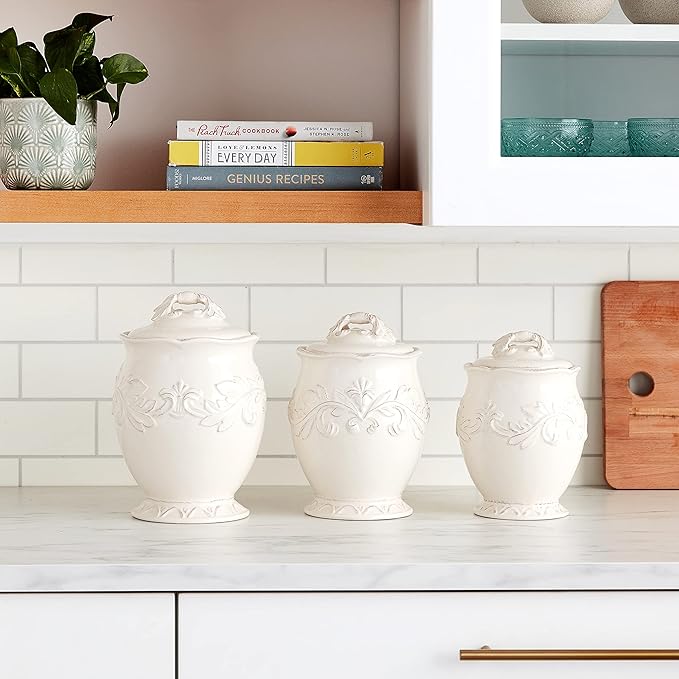 Firenze Ivory 3-Piece Ceramic Canister Set with Lids – Elegant Kitchen Storage Jars for Flour, Sugar, Coffee or Tea – Vintage White Countertop Décor for Farmhouse or French Country Homes