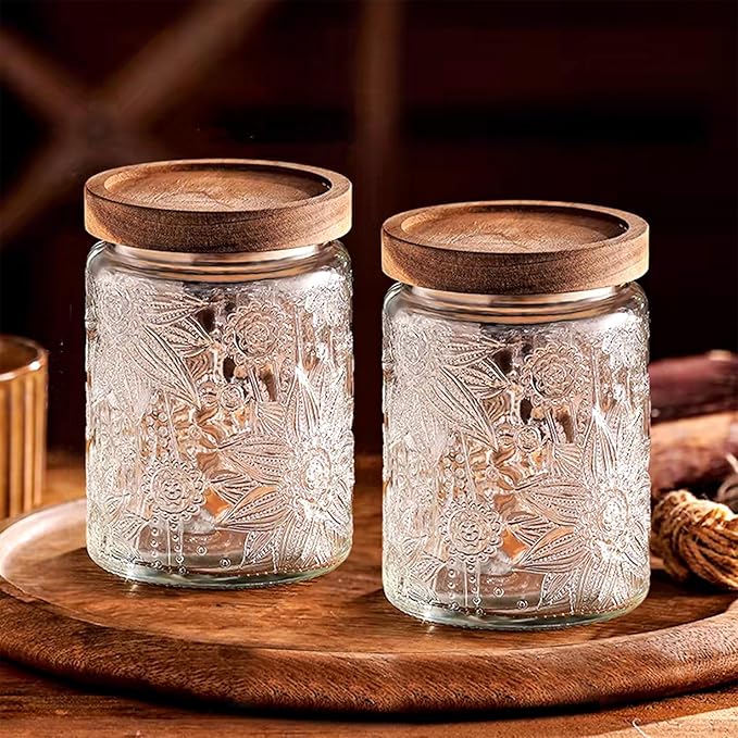 Vintage Glass Jars with Wooden Lids, 24 oz Airtight Glass Food Storage Containers Sets for the Kitchen, Sugar Coffee Tea Cookie Candy Spice Pasta(Sunflower)