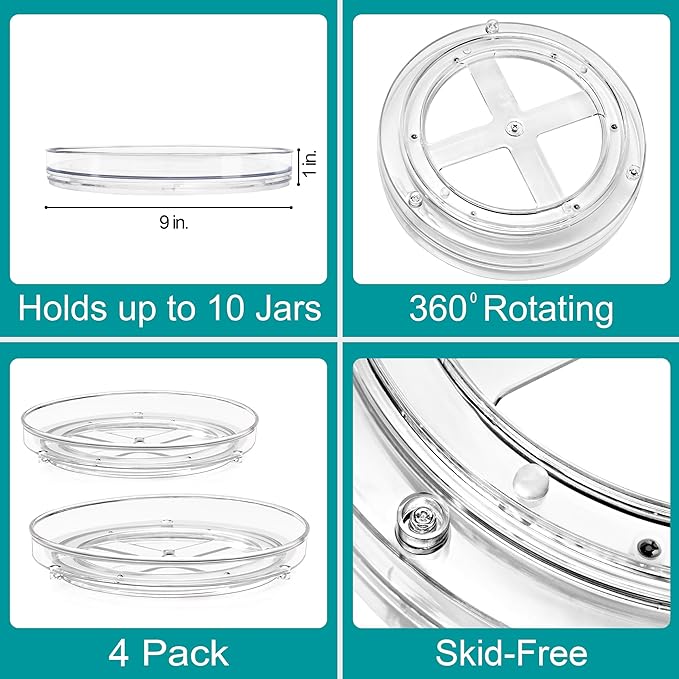 Sorbus 9 Inch Flat Clear Lazy Susan Organizer, Turntable Organizer for Spice Organization for Cabinet, Lazy Susan Turntable for Kitchen, Home, Office, Closet, Laundry Room Organization (4-Pack)