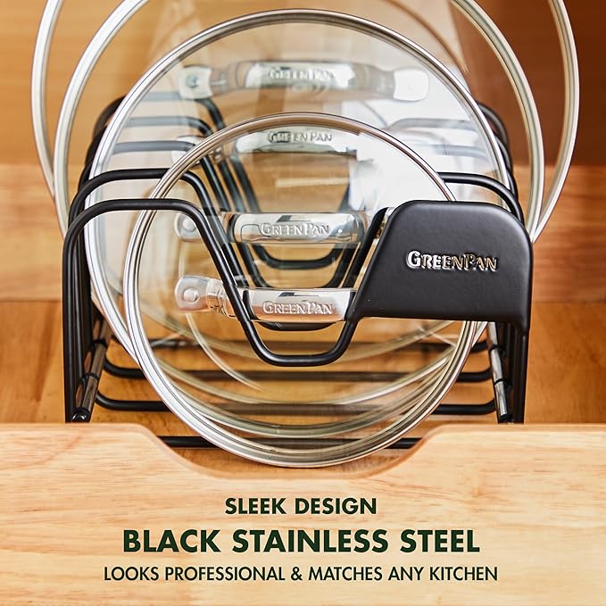 GreenPan Stainless Steel Wire Pots and Pans Lid Storage Rack, Holds 4 Lid Covers, Easy Storage, Countertop or Cabinent Organizer, Minimizes Clutter, Fast Drying, Wipes Clean, Black