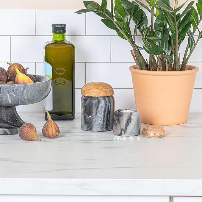 Creative Co-Op Marble and Mango Wood Pinch Pot with Lid, Grey and Natural