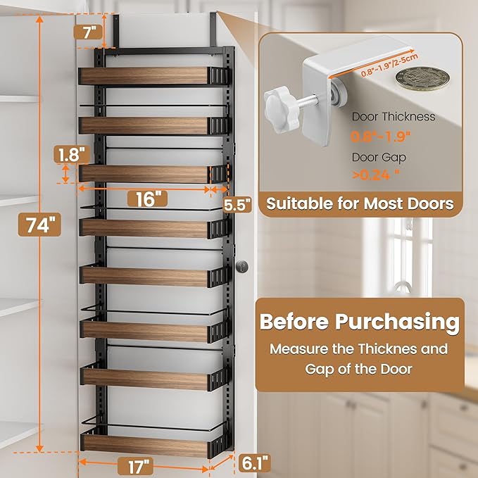 8 Tier Over The Door Pantry Organizer, 2 IN 1 Wall Mount or Hanging Spice Rack Seasoning Shelves with Adjustable Basket, Back of Door Organizer and Storage for Kitchen Cabinet and Room Closet