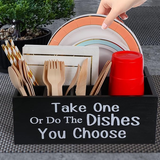 Small Paper Plate Holder Utensil Caddy Organizer for Countertop, Kitchen Silverware Cups, Forks, Spoons, Plates, Napkins, Wood Dispenser Party Picnic
