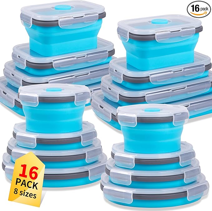 Collapsible Food Storage Containers with Lid & Air Vent, 16 Pack, 8 Rectangular + 8 Round, Foldable Silicone Lunch Containers Collapsible Bowls Set, Microwave Freezer Dishwasher Safe, Blue