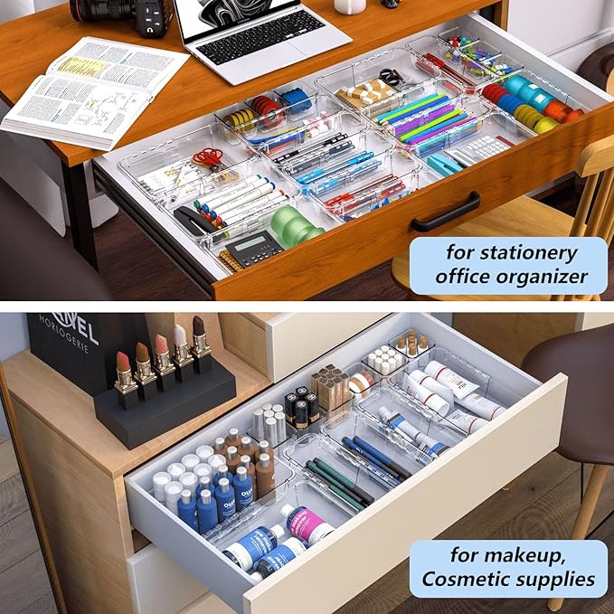 15 Pcs Clear Extendable Drawer Organizer,Adjustable Vanity Storage Box, 2-Size Desk Drawer Organizer, Acrylic Storage Bin for Makeup, Cosmetic,Desk Organizer Gadgets for Bathroom Bedroom Kitchen