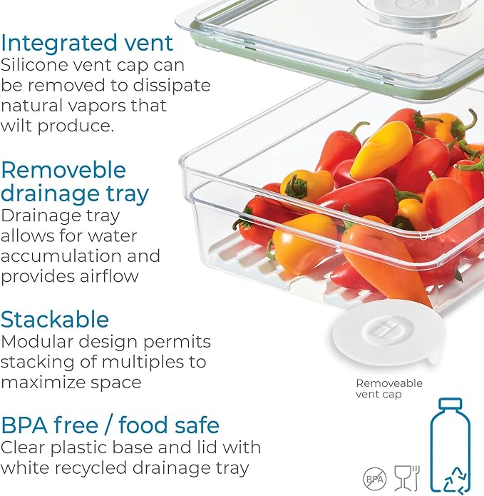 iDesign Large Fridge Produce Bin with Removable Drainage Tray and Lid - Set of 4 - Clear/White