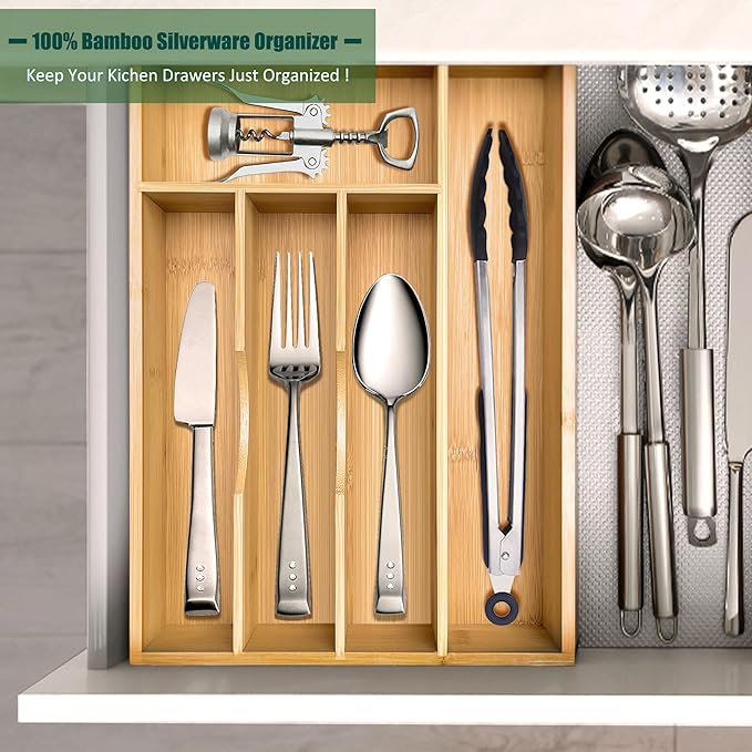 Bamboo Silverware Drawer Organizer, Silverware Organizer, Silverware Utensil Tray Holder and Cutlery Tray for Flatware and Kitchen Utensils