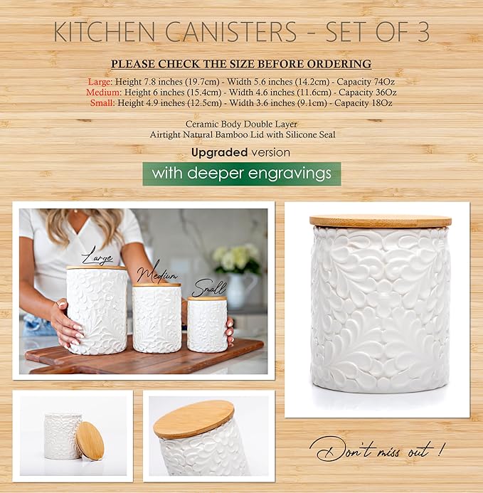 Engraved Design Kitchen Canisters Set of 3 with 74 Oz, 36 Oz, and 18 Oz - White Storage Jars for Countertop with Airtight Bamboo Lids - Large Flour Tea Coffee Sugar Spices Container - Decorative