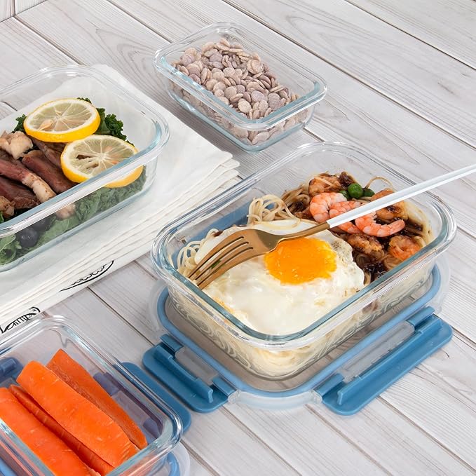 UMEIED 12 PACK Glass Food Storage Containers with Leak Proof Lids, Glass Airtight Meal Prep Containers Set for Lunch, On the Go, Leftover, Kitchen Pantry Organizers and Storage (Grey Blue)