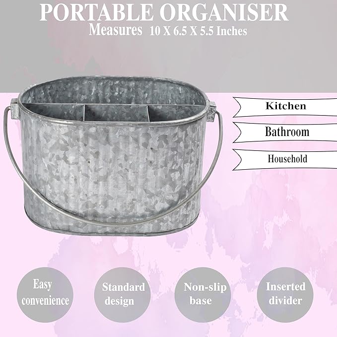 CLEENTABLE Metal Utensil Caddy - Silverware Caddy for Countertop & Parties, Farmhouse Paper Plate & Flatware Holder, Galvanized Kitchen Basket for Picnic & Dining (Grey, 10 Inches)